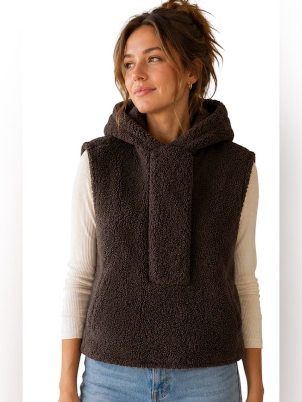 Anthropologie Pilcro Plush Black Hooded Sherpa Vest, Cozy, Layering, OS